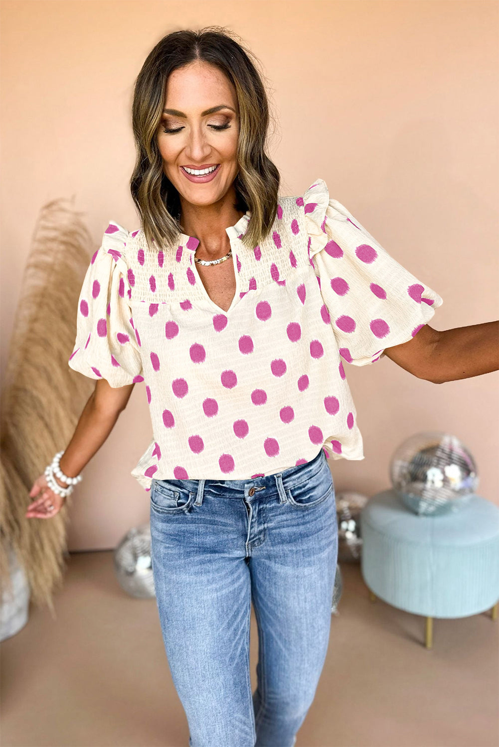 Black Polka Dot Print Smocked Notched Neck Balloon Sleeve Blouse