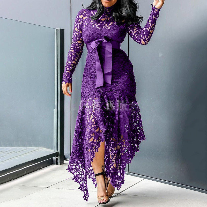 Women Clothing Wish Lace Hollow Out Cutout out Long Sleeve Stand-up Collar Tie 5 Colors Irregular Asymmetric Plus size