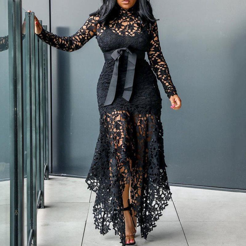 Women Clothing Wish Lace Hollow Out Cutout out Long Sleeve Stand-up Collar Tie 5 Colors Irregular Asymmetric Plus size