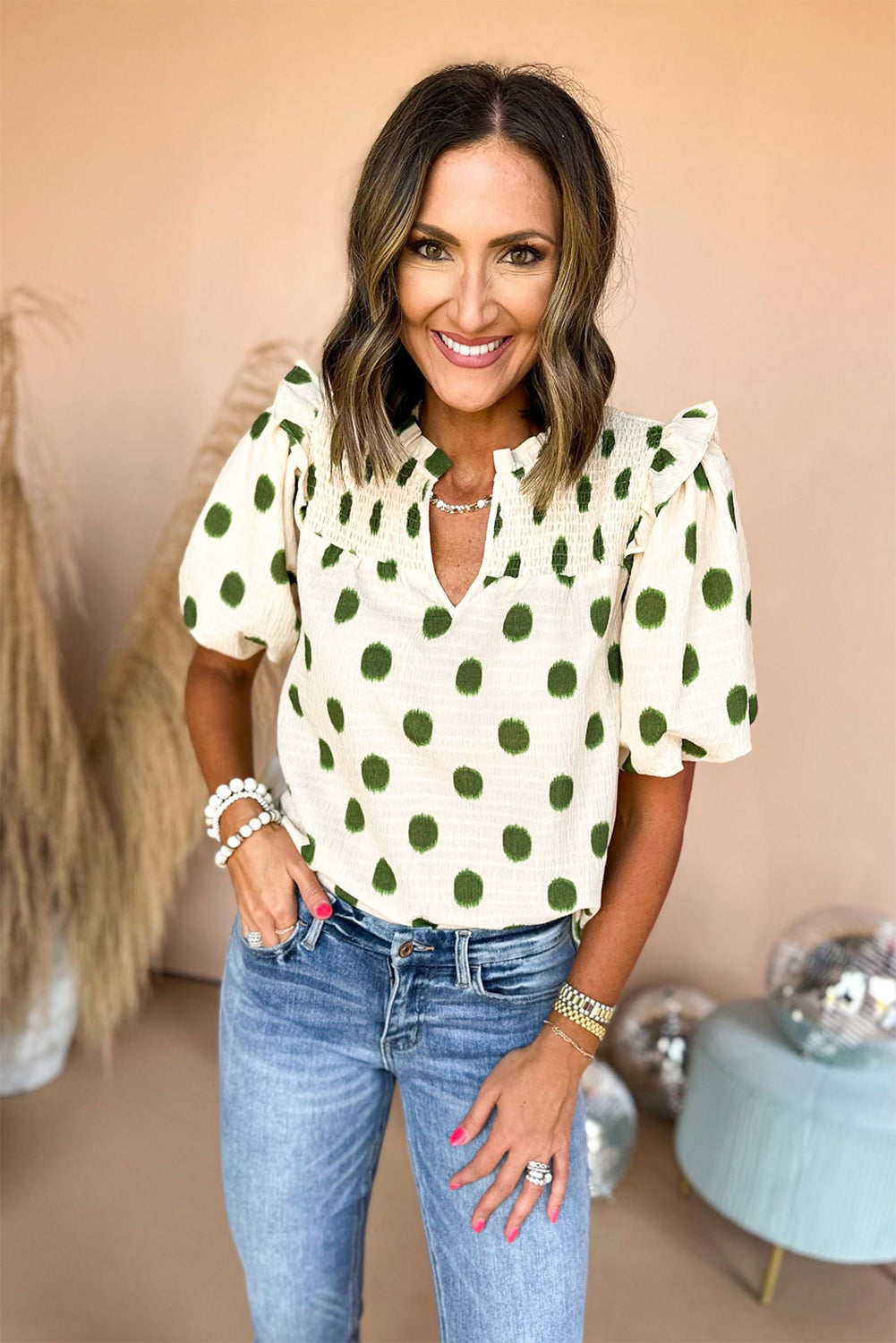 Black Polka Dot Print Smocked Notched Neck Balloon Sleeve Blouse
