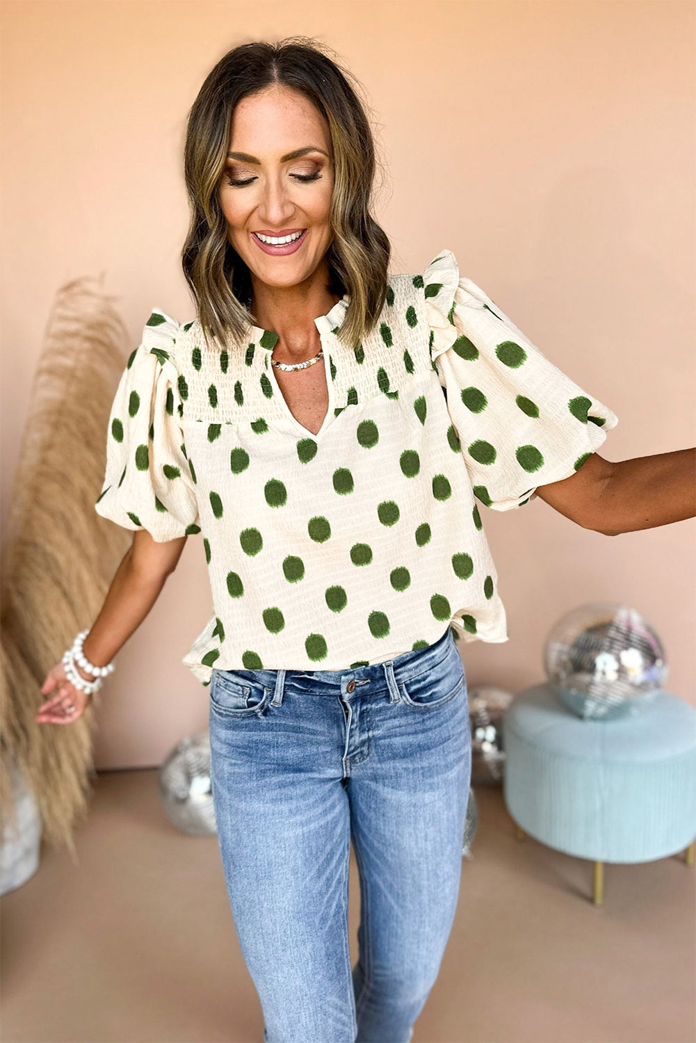 Black Polka Dot Print Smocked Notched Neck Balloon Sleeve Blouse