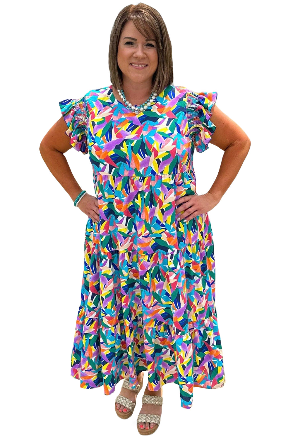 Blue Abstract Print Ruffle Sleeve Plus Size Tiered Maxi Dress